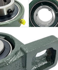 Pro Shop Spec 2 Piece Pillow Block Bearing Set With Two Inch Bore Self Aligning Chrome Steel core and Durable Cast Iron Housing close-up