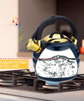 Stovetop Whistling Tea Kettle 3.2 Quart Stainless Steel Teakettle with heat proof handle on gas stove, water boiling, blue finish