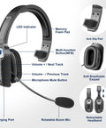 Detailed features of Trucker Bluetooth Headset V5.2 Wireless With AI Noise Canceling Microphone, showing multifunction buttons and pads.