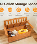 Open cedar storage bench showing 41-gallon space with garden tools, pillows, toys. Outdoor Storage Bench With Seating For Two Weatherproof Cedar Wood Deck Box Loveseat 2 Person Patio Bench With Storage Waterproof Slats Durable Garden Entryway Bench For Backyard And Porch