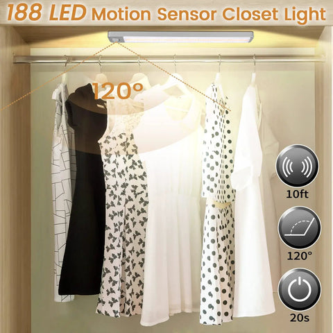 Closet illuminated by 96 LED Motion Sensor Under Cabinet Lights 2 Pack Rechargeable Magnetic Indoor Kitchen Closet Lighting