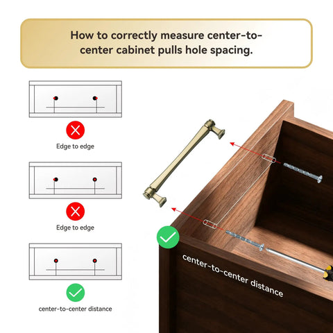 How to measure center-to-center spacing for Top Tier Solid Zinc Alloy Cabinet Pulls 10 Pack Slick Brushed Gold handles.