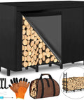 Outdoor Firewood Rack With Heavy Duty Eight-Leg Frame And 4-Foot Width, Weatherproof 600D Oxford Cover, and accessories