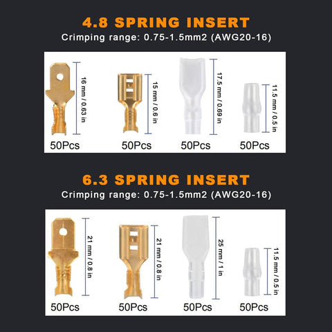 4.8 and 6.3 spring inserts for crimping 0.75-1.5mm2 wires, part of Built Tough Insulated Wire Crimping Pliers Kit.