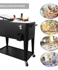 Portable Rolling Cooler Cart On Wheels With Shelves For Outdoor Parties Patio Deck Backyard Bbq Bar Beverage Service 80 Quart Ice Chest With Bottle Opener And Locking Casters Black