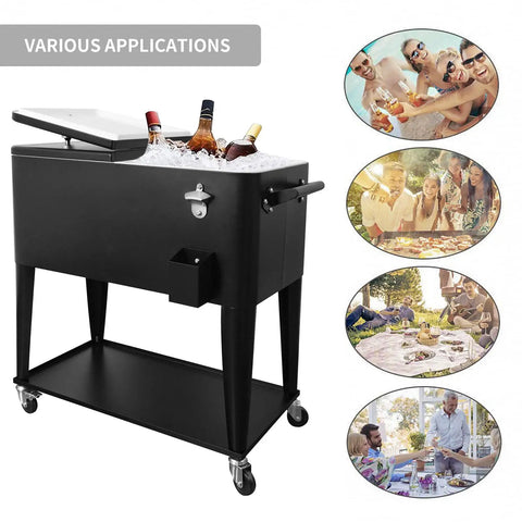Portable Rolling Cooler Cart On Wheels With Shelves For Outdoor Parties Patio Deck Backyard Bbq Bar Beverage Service 80 Quart Ice Chest With Bottle Opener And Locking Casters Black