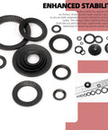 Top Shelf 160 Piece Black Double Side Lock Washer Assortment Kit Featuring Conical Spring Toothed Design For Heavy Duty Garage Projects And Quick Fixes In A Snap, showing assorted sizes of black wedge washers.