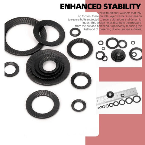 Top Shelf 160 Piece Black Double Side Lock Washer Assortment Kit Featuring Conical Spring Toothed Design For Heavy Duty Garage Projects And Quick Fixes In A Snap, showing assorted sizes of black wedge washers.