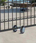 Heavy Duty Sliding Gate Hardware Kit With Double Wheel Track System, 600 Lb Load Capacity, wheel and track detail on sliding gate.