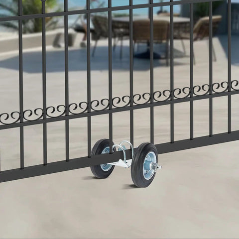 Heavy Duty Sliding Gate Hardware Kit With Double Wheel Track System, 600 Lb Load Capacity, wheel and track detail on sliding gate.