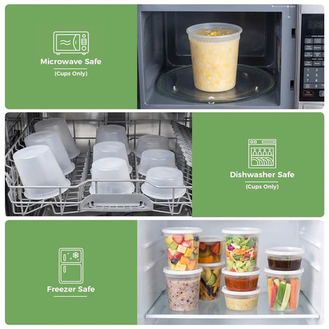 Hella Durable Leakproof Deli Containers With Secure Lids 48 Sets For Takeout Meal Prep And Leftovers Storage Bpa Free Plastic Soup Bowls in microwave, dishwasher, and freezer.