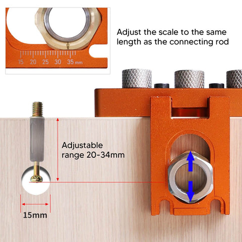 Side view of Three In One Doweling Jig Kit With Self Centering Drill Guide and Extra Drilling Sleeve on wood