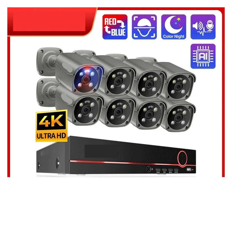 Genuinely Dope 8MP 4K PoE CCTV NVR Security Camera Kit showing eight cameras and NVR for smart detection and surveillance.