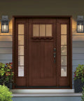 Dusk To Dawn Exterior Wall Lights With Built In Sensor on porch, mounted beside double doors, waterproof lanterns in action, 2 pack