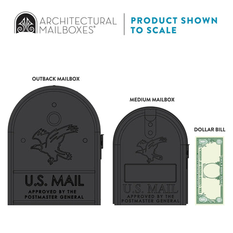 Outback Double Door Mailbox With Large Capacity For Mail And Packages Weather Tough Galvanized Steel Construction In Black size comparison with dollar bill and medium mailbox.