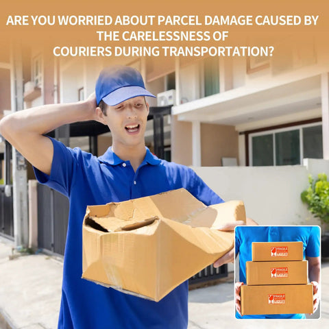 Man in blue shirt worried holding damaged box, illustrating importance of Heavy Duty Packing Foam Roll 160 Feet Long Cushion Wrap for shipping.