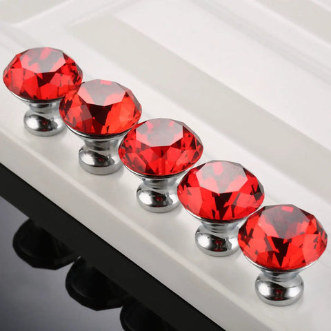5 Pcs Red Crystal Cabinet Knobs Knockout Diamond Shape Handles with Screws for Dresser Closet Wardrobe Cupboard Kitchen Furniture to Get that Bougie Vibe in Shiny Polished Chrome Glass Pulls total game changer decor, showcased on a white surface.