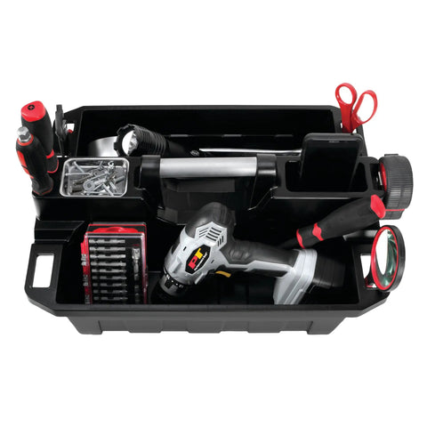 On The Go Tool Caddy with Magnetic Tray Heavy Duty Portable Organizer for Gear, showing tools in two oversized compartments.