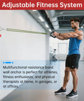 Badass Adjustable Wall Mount Anchor For Resistance Bands Multi Purpose Home Gym Setup Featuring Thirty Five Custom Locking Positions Heavy Duty Fitness Base with a user pulling resistant bands.