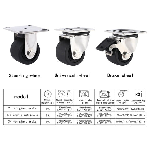 Set Of 4 Heavy Duty Swivel Casters With Locking Brakes 3 Inch Universal Wheels showing different wheel types and specifications.