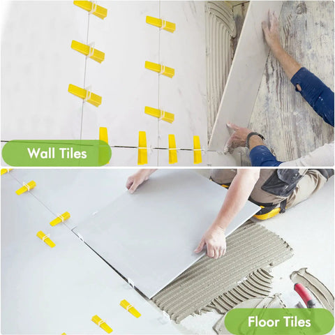 Pro Grade Tile Leveling System Kit One Eighth Inch with wall and floor tile installation using yellow spacers and wedges