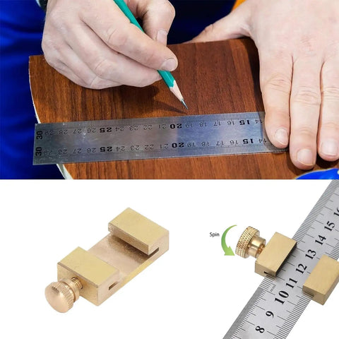 Premium Grade Portable Woodworking Ruler Positioning Adjuster And Scribing Locator shown in use with brass scribe guide tool.