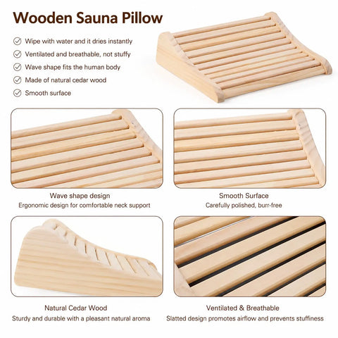 Upgraded Handcrafted Hemlock Wood Sauna Pillow For Head Neck And Shoulder Support Curved Ergonomic Design Adds Relaxing Aroma To Your Home Spa Or Barrel, natural cedar wood, smooth surface, wave shape design.
