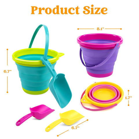 3 Pack Foldable Beach Buckets With Shovels And Mesh Backpack For Kids And Toddlers, shown in pink, purple, green with product size.