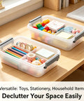2 Pack Stack Em High Modular Storage Totes With Gray Write-On Lids, BPA Free Clear Plastic Bins designed for craft supplies and beauty goods.
