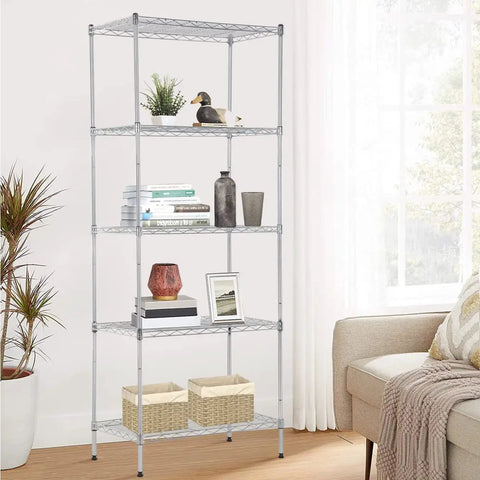 Super Rigged Five Tier Wire Shelving Rack Featuring 750 Pound Load Capacity Adjustable Heavy Duty Metal Storage Shelf Unit For Kitchen Office Garage Or Basement Work Flex System displayed with decor and storage baskets.