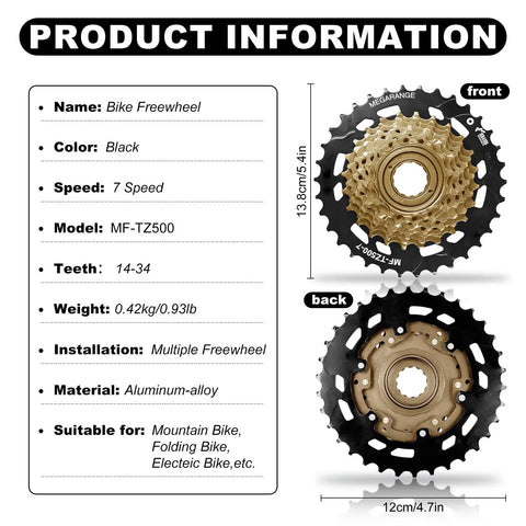 Screw On MF TZ500 7 Speed Freewheel 14 34 Tooth with product specifications for Tourney drivetrain upgrade