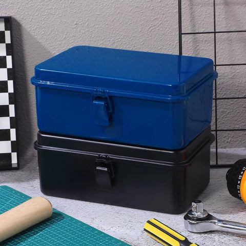 Badass Heavy Duty Metal Toolbox With Secure Locking Latch And Portable Carry Handle For Auto Work And Home Fixes. Blue and black steel toolboxes stacked.