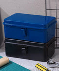 Heavy Duty Metal Tool Box Portable Mechanic Storage Chest For Car Trunk Workbench Organizer in blue and black stacked.