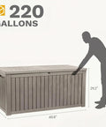 Diagram of Beefy 220 Gallon Outdoor Deck Storage Box With Removable Divider showcasing dimensions and capacity in light brown.