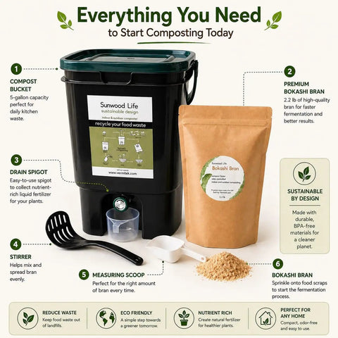 Indoor Bokashi Composting Starter Kit with 2.2 lb Premium Bokashi Bran, black bucket, spigot, scoop, and stirrer, for kitchen use