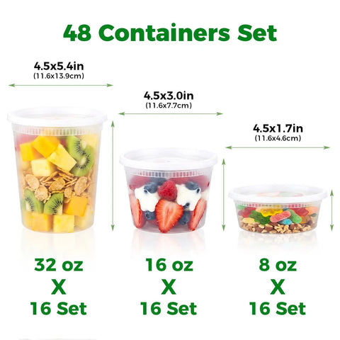 Hella Durable Leakproof Deli Containers With Secure Lids 48 Sets, 32 oz, 16 oz, 8 oz sizes, BPA-free plastic for meal prep.