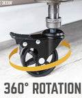 Close-up of Zero Hassle Screws On Swivel Caster Wheels For Half Inch Pipe, showing 360° rotation and sturdy black design.