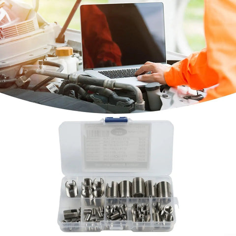 50 Pack Stainless Steel Thread Repair Insert Kit For M3 M5 M6 M8 And M10 Self Tapping Threaded Inserts in plastic case next to laptop
