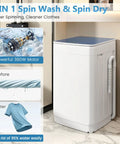 Compact Fully Automatic Washing Machine With Drain Pump 7 Wash Settings 4 Water Levels showing before and after wash results.