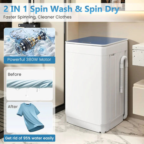 Compact Fully Automatic Washing Machine With Drain Pump 7 Wash Settings 4 Water Levels showing before and after wash results.