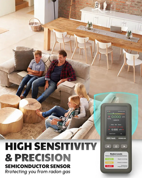Portable Radon Detector For Home And Heavy Duty Indoor Air Quality Checking, No Sweat Calibration With Dead Easy Setup For Basements And Living Rooms, Delivers Real Deal Pci Or Bq M3 Readings Across Forty Five Days Of Continuous Tracking on a coffee table in a living room.