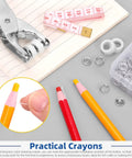 Comprehensive 407 Piece Metal Snap Button Kit featuring Three Eighths Inch Silver Fasteners, heavy duty press pliers, tape measure, and crayons.