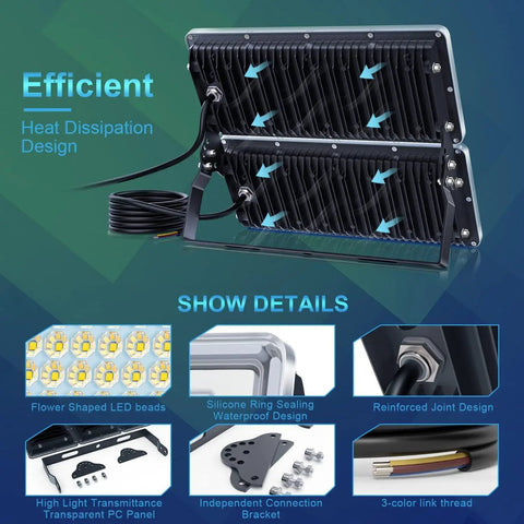 Close-up of Badass 400W LED Flood Light 40000 Lumens with heat dissipation design and waterproof features.