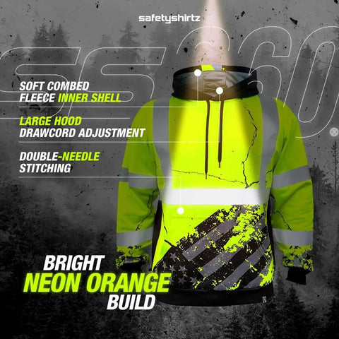 American Grit Hi Vis Hoodie for Men Built Tough, Class 3 Type R Safety Sweatshirt, Heavy-Duty Polyester, Reflective Hood, Yellow