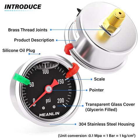 Stainless Steel Liquid Filled Pressure Gauge WOG 0-200 PSI, 1/8 NPT, 1.5 Inch Dial, Back Mount, Glycerin Filled with labeled parts