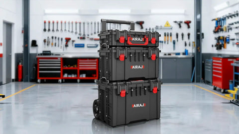 Heavy Duty 3 Tier Rolling Tool Box With Wheels, All Terrain Waterproof Storage System in a garage workshop