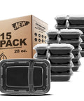 Top Tier Meal Prep Setup, Two Compartment Bento Boxes With Secure Lids, 15 Pack Stackable Food Storage Containers, 28 oz displayed.