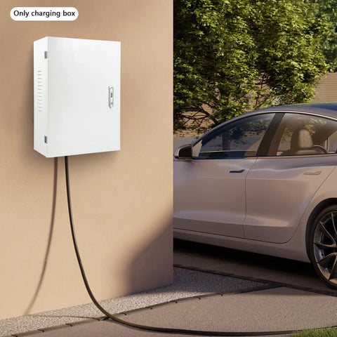 Built Like A Tank Wall Mounted EV Charger Armor Box With Combo Lock Cable Management Tray For Garage Outdoor Install Weather Resistant Cover To Keep Your Rig Safe From Storms, mounted on wall next to electric vehicle.