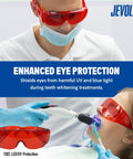 Premium Pro Grade Dental Laser Safety Goggles Blocking UV And Led Rays While Keeping Your Vision No Sweat Thanks To Tough Anti Fog Polycarbonate Shields And Snug Comfort Fit All Day, shown during teeth whitening.