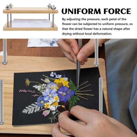 Person using Wooden Book Press Kit for DIY bookbinding with floral design on black paper, showing assembly process.
